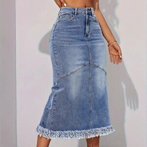 Tassel Midi Denim Skirt (Color: Medium Blue/Sea Blue)